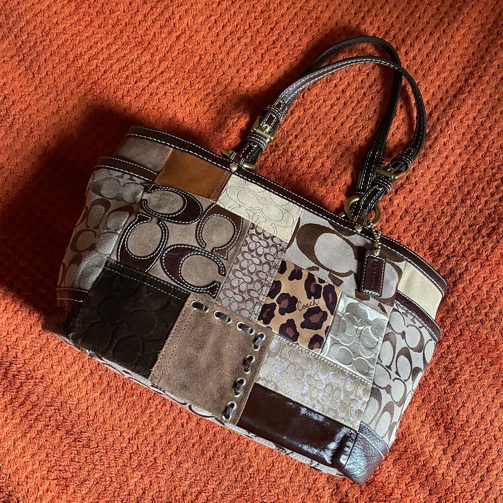 Coach Signature Patchwork Tote Bag Footed Bottom F0873-F12843 Suede Animal Print